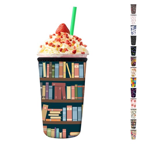 DAORJWL Reusable Neoprene Insulator Sleeve for Iced Coffee Cups, Medium 22-28oz Durable Drink Sleeve for Cold Beverages, Cute Beverage Holder Cup Sleeve for Women Men Cute Bookshelf
