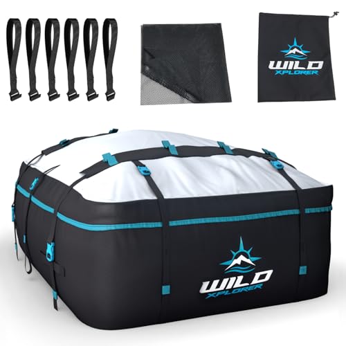 Wild Xplorer Rooftop Cargo Carrier - 15 Cubic Feet (L), Waterproof Soft Shell Car Roof Cargo Carrier, Heavy Duty Car Top Luggage Cargo Bag with Patented Door Hooks and Non-Slip Mat