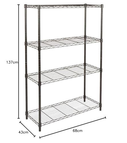 Image of Premium Heavy-Duty 4-Tier Black Metal Wire Storage Rack Shelf Organizer | Adjustable Multipurpose Freestanding Shelving Unit for Home, Office, Kitchen | Size 17 inch D x 27 inch W x 54 inch H Inch