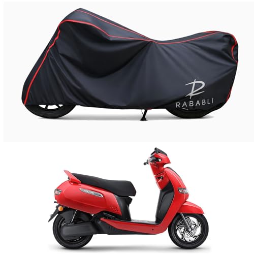Image of Waterproof Bike Body Cover Compatible for | TVS iQube Electric S | Taffeta Fabric, Red Piping Design, Bottom Elastic Fit | Dustproof, Sun UV & Rain Protection for All Bikes