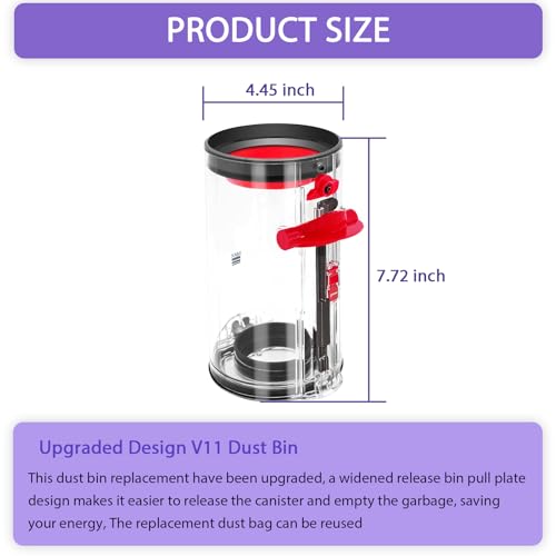Image of Upgraded Dust Bin Replacement Parts for Dyson V11 V15 SV14 SV15 SV22 Vacuum Cleaner Canister, Vacuum Dust Bin Compare to Part # 970050-01, 965443-01. Diameter: 4.45 inches, Height: 7.72 inches