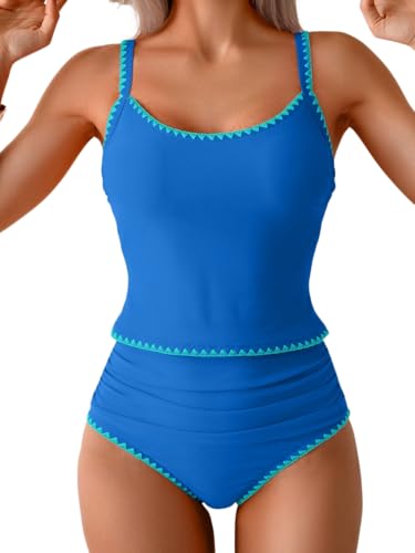 Image of Eomenie Tankini Swimsuit for Women Tummy Control Ruched Two Piece Bathing Suits High Waisted Shell Stitch Swimwear