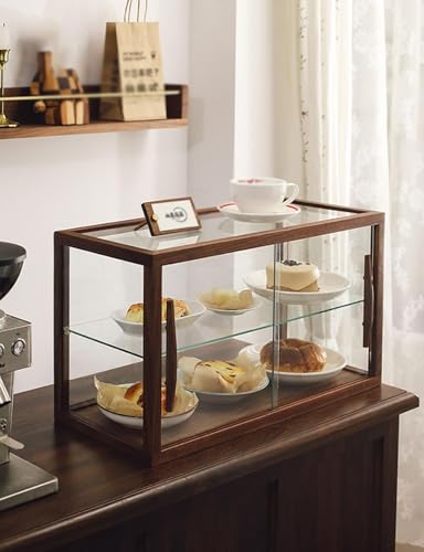 Vitrina de madera para panadería con encimera de vidrio transparente y 2 bandejas, ideal para exhibir pasteles y coleccionables