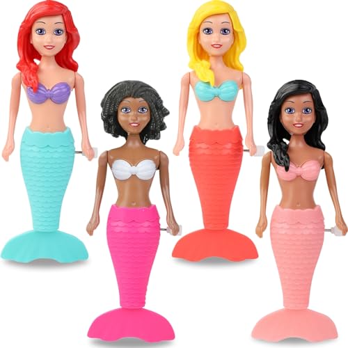 Mermaid Bath Toys for Toddlers Kids Girls - Princess Wind Up Tail Flap Floating Water Bathtub Toys, Swimming Pool Bathing Time Fun (4 Pack)