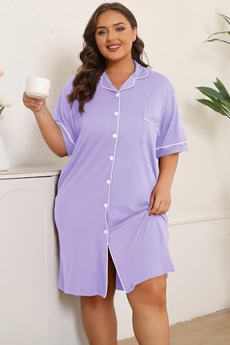 Image of Vozanet Women Button Down Nightgown Plus Size Nursing Nightshirt Boyfriend Nighty Bridal Sleepdress with Pockets XL-5XL