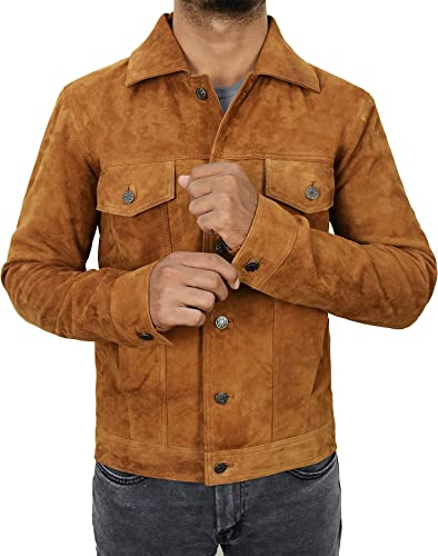Image of Mens Premium Brown Suede Leather Trucker Jacket - Vintage Classic Motorcycle Western Goat Leather Coat