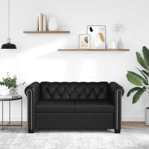 Willood Chesterfield-Sofa 2-Sitzer Kunstleder Garnitur Wohnmöbel Büromöbel Loungesofa Sitzmöbel Wohnzimmersofa Rattansofa Couchgarnitur Designsofa Natur Rattan Schwarz
