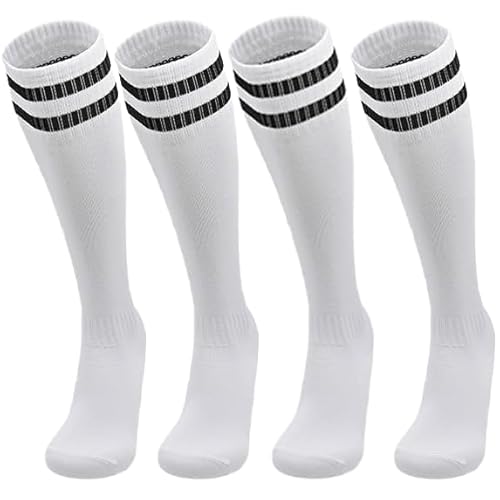 CaySep 2 Pairs Kids Soccer Socks Youth Knee High Solid Striped Football Sock for Boys Girls 6-12Y