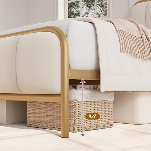 Image of HITHOS Twin Size Bed Frame with Button Tufted Headboard, Upholstered Heavy Duty Metal Mattress Foundation with Wooden Slats, Easy Assembly, No Box Spring Needed (Golden /Off White, Twin)