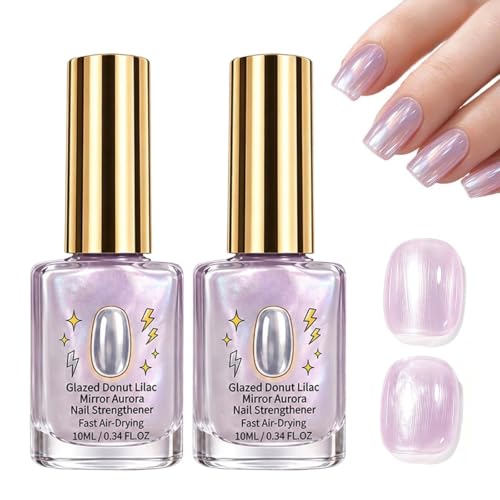 TFSUDI 2PCS Lilac Glossy Mirror Nail Strengthener, Lilac Purple Mirror Nail Polish, Quick Dry Nails, Tinted Nail Strengthener for Smooth Glossy Manicure Finish