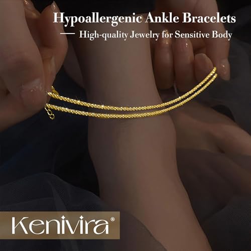 Image of Kenivira Sterling Silver Ankle Bracelets for Women,Gold Dainty Layered Waterproof Anklet for Women, Anklet Set Stackable Beach Gift Adjustable Size