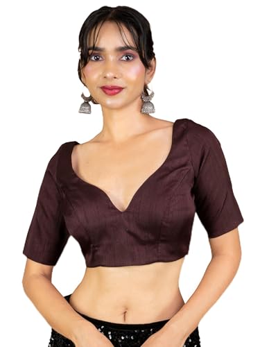 Image of FIGURE'S DESIGNER Women's Dupion Raw Silk Half Elbow Sleeves Sweetheart V Neck Sabyasachi Cut Readymade Saree Blouse S10