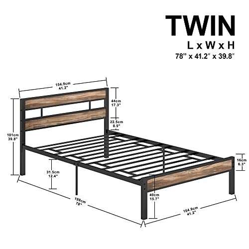 LIKIMIO Twin Bed Frame with Headboard, Easy Assembly, Noise-Free, No Box Spring Needed, Heavy Strong Metal Support Frames, Rustic Brown