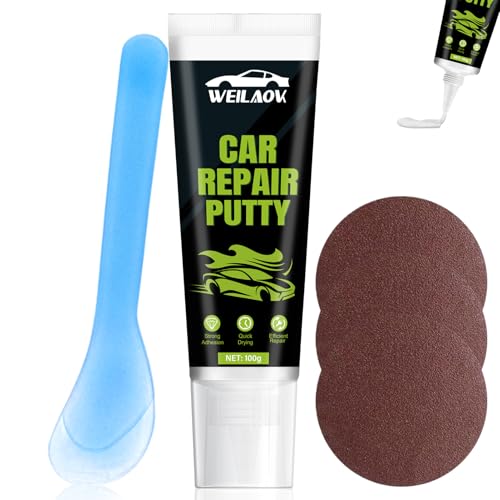 WEILAOK 100G Masilla para Coche, Masilla Fibra de Vidrio, Secado Rápido, Ideal para Reparar Abolladuras, Arañazos y Defectos en Coches y Barcos, Blanco