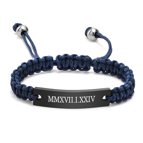 MEALGUET Personalized Bracelet for Men : Handmade Braided Custom Engrave Kabbalah String Knot Macrame ID Bracelet Wristband for Him, Customized Gift for Dad Husband Son,Blue