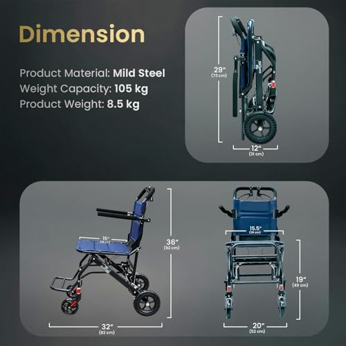 Image of EASYCARE - Portable, Metal, with Attendant Break, feature Safety Belt, Back Pocket and Carry Bag, Easy for Mobility Travelling Wheelchair (Blue Travel Wheelchair)
