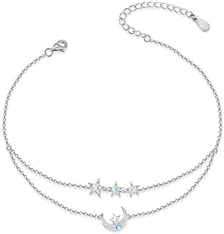 ATTRACTTO Moon Star Ankle Bracelets for Women 925 Sterling Silver Layered Anklets for Sea Beach Adjustable Foot Ankle for Teen Girls