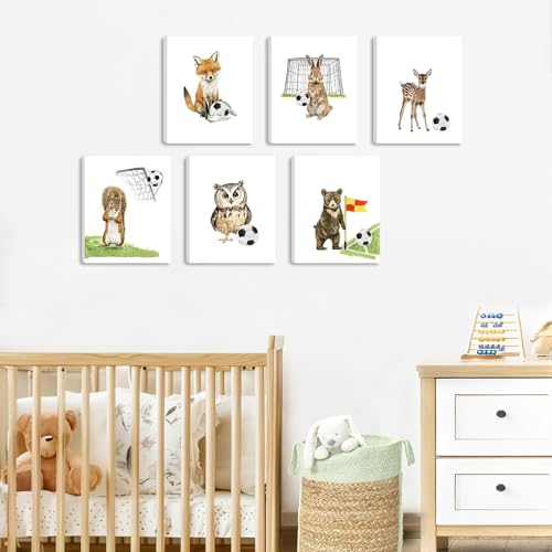 BINCUE 6 Stück Cartoon Dschungel Fußball Tier Wandkunst,Waldland Tiere Poster,Kinder Schlafzimmer Home Dekoration,Kinderzimmer Babyzimmer Bilder,Fußball Sport Inspirierender Leinwandbild,25x20cm