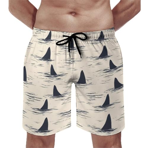Hawaiian Shorts for Men - Comfy Cool Shark Fin Print Mens Swim Trunks Bathing Suits with Mesh Lining