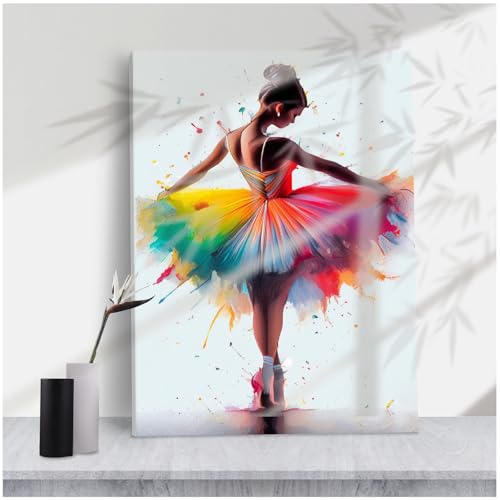 Vibrant Rainbow Tutu Ballerina Canvas Art,Colorful Paint Splatter Background Artwork,Playful