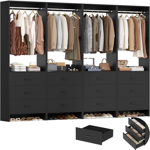 Aheaplus Closet System Closet Organizer, Wood Closet Organizer System, Walk-in Closet or Small Closets Wardrobe, Clothes Rack with Hanging Rods, 8FT Closets, Set of 4, Black