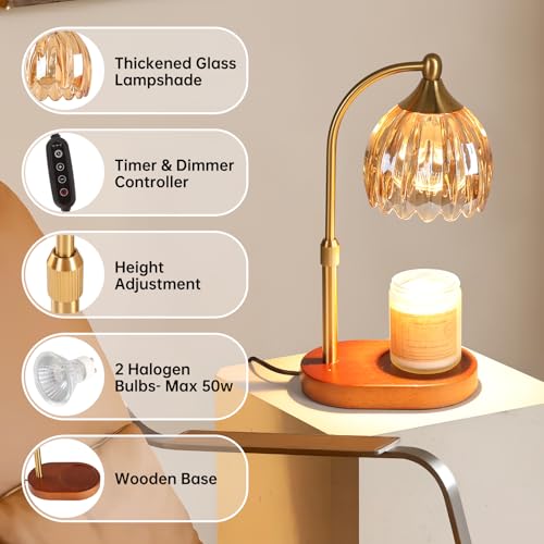 Image of Amber Tulip Wax Melt Warmer with Timer, Dimmable & Height Adjustable, Ideal for Jar Candles, Perfect Home Decor for Bedroom, Living Room, Office, Great Birthday Gifts for Women (2 Bulbs Included)