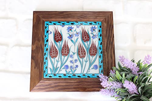 Ottoman Inspirations Iznik Decorative Tile-Handmade Authentic Tile (6-Inch X 6-Inch Tile) – Red Tulip Garden With Blue Flowers Of Ground Quartz Hand-Unique Commissioned Art 80% Ceramic #TOP11