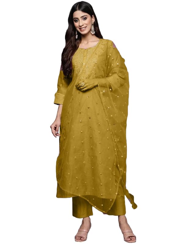 Image of Royal Export Women's Poly Silk Embroidered Yoke Design Kurta Pant Set with Dupatta