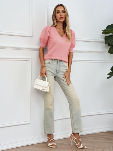 Image of Womens Puff Short Sleeve Sweater Tops 2026 Spring Summer Trendy Casual T Shirts Blouses