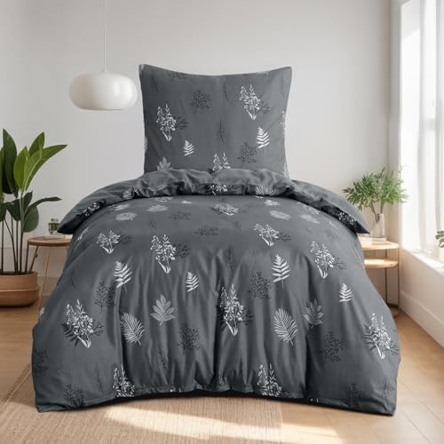 Aisbo Bettwäsche 155x220 Blumen Bettbezug - 2teilig Mikrofaser Bettwäsche-Sets Floral und Blätter Muster Grau mit Reißverschluss, ÖKO-TEX Bettdeckenbezug 155x220cm mit Kissenbezug