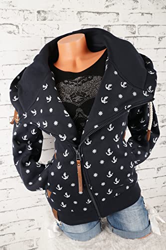 VIN TE Damen Sweat Jacke XXL Kapuze Hoodie Übergangsjacke Fleece gefüttert schräger Reißverschluss verschiedene Modelle Anker Pfote M - 3XL (as3, alpha, 3x_l, regular, regular, Blau-1797, 3XL)