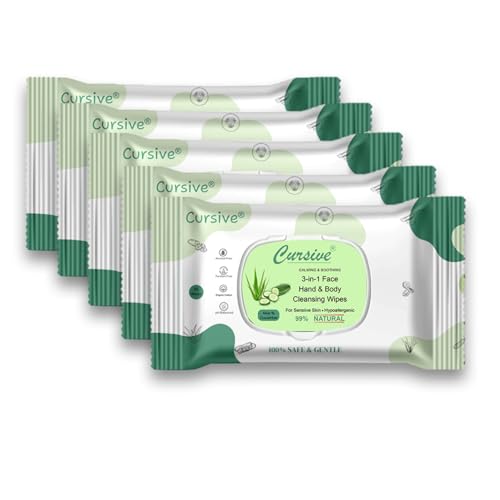 Image of Cursive Face, Hand & Body Daily Cleansing Makeup Remover Wipes|Wet Wipes for Women & Men | Paraben & Alcohol Free Cucumber Aloe Vera - Calming & Soothing, 99% Natural, Hypoallergenic,Gentle for Sensitive Skin 25 Wipes Per Pieces (Pack Of 2)
