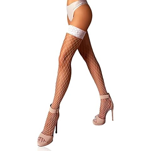 MILA MARUTTI Fishnet Thigh High Stay up Stockings Lace Top Silicone Top Nylon Hosiery (Large Net - White, X-Large) Cover