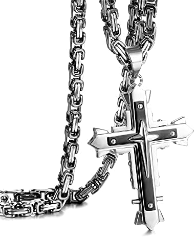 XINSH Cross Necklace for Men Stainless Steel Crucifix Pendant Silver/Gold/Black Byzantine Chain 23.6inch