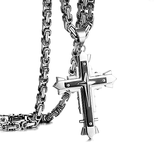 Xinsh Cross Necklace For Men Stainless Steel Crucifix Pendant Silver/Gold/Black Byzantine Chain 23.6Inch #TOP28