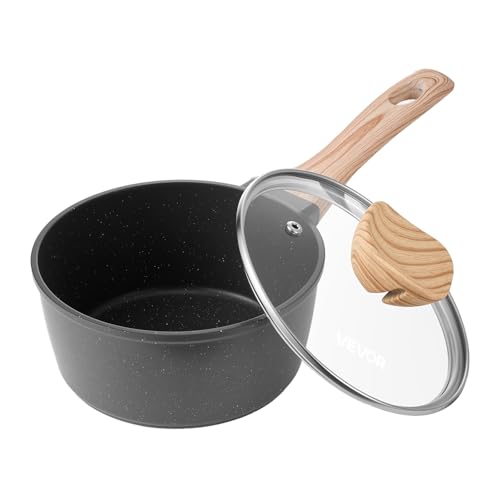 VEVOR Cacerola 1,42 L con Tapa de Vidrio Templado, para Sopa y Verduras con Asa Extraíble, de Aleación de Aluminio, Fácil de Limpiar, con Revestimiento Antiadherente, Negro, 330 x 170 x 130 mm
