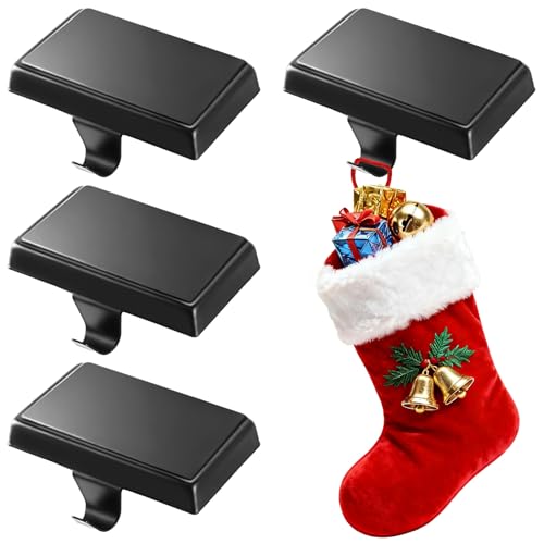 cyrico Christmas Stocking Holders for Mantle, Set of 4, Heavy Duty Metal Stocking Hangers for Mantel, Low Profile Black Weighted Xmas Hooks Base for Counter Window Fireplace Christmas Party Decoration