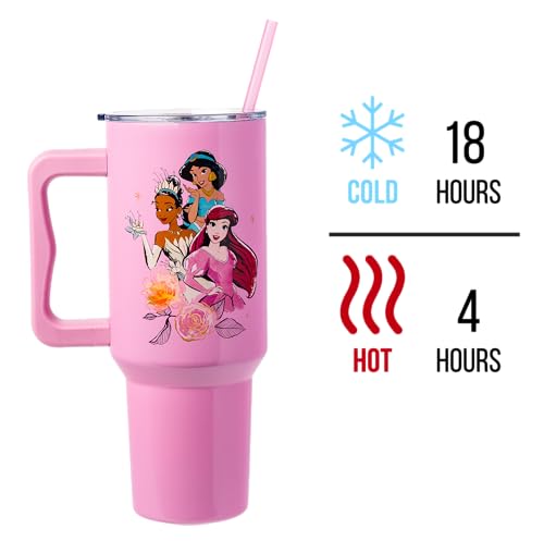 Image of Silver Buffalo Disney Princess Featuring Cinderella, Mulan, Belle, Ariel, Tiana, and Jasmine Double Walled Stainless Steel Tumbler with Handle and Straw, Fits in Standard Cup Holder, 40 Ounces