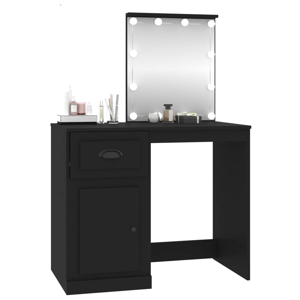 Toaletka czarna z oświetleniem LED, 90 x 50 x 132,5 cm, nowoczesne wzornictwo, duże lustro, dużo miejsca do przechowywania makijażu, materiał drewnopochodny, podświetlana toaletka do sypialni