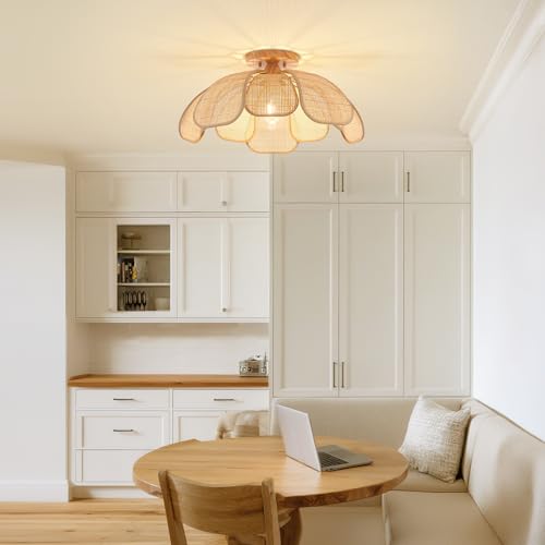 Image of 20 Inch Boho Flower Ceiling Light Flush Mount Rattan Light Fixture