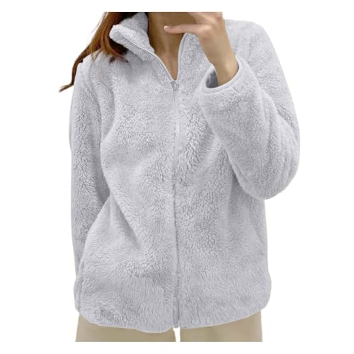 Generico Donna Giacca in Pile Giacche Teddy con Zip Giacca da Camera Donna Felpa Senza Cappuccio Invernale Caldo Giacche Peluche Giubbotto Teddy Fleece Giacce con ColloAlto (Grey, L)