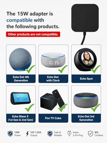 Image of 15W Power Adapter for Echo Dot 3rd Generation, Echo Dot (3rd /4th Gen) with Clock, Echo Dot Kids Edition, Echo Show 5, Echo Spot, and Fire TV Cube, 5Ft AC Adapter Power Cord (Black)