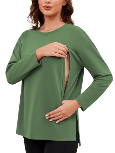 Ecavus Women's Oversized Nursing Shirts with Hidden Zipper Long Sleeve Breastfeeding Shirts Side Split Maternity Tops Green