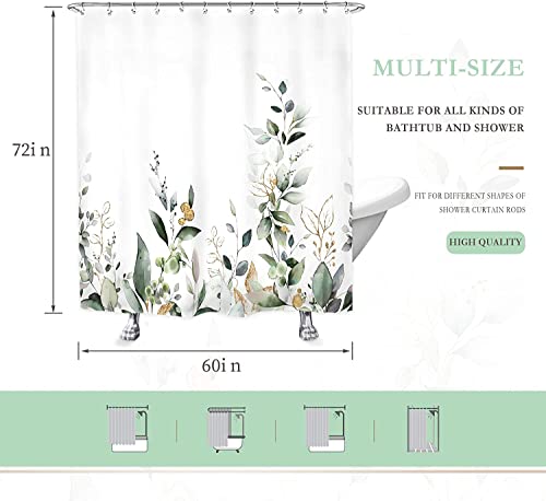 Glawry Sage Green Leaves Plant Eucalyptus Shower Curtain For Bathroom 60W X 72H Inches Botanical Nature Mint Gold Leaf Bathroom Curtains Set Summer Floral Aesthetic Bath Accessories Decor Fabric #TOP4
