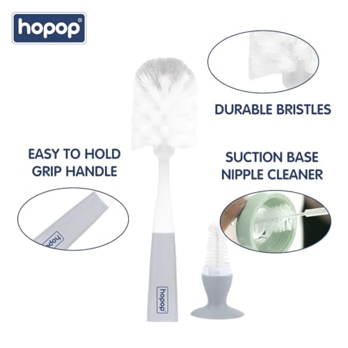 Image of Hopop Baby Feeding Bottle Cleaning Brush & Nipple Cleaner |2 in 1 Flexible Bristle Bottle Brush | Grooved Handle with Suction Base | Easy to Clean Narrow & Wide Neck Feeding Bottles | Grey