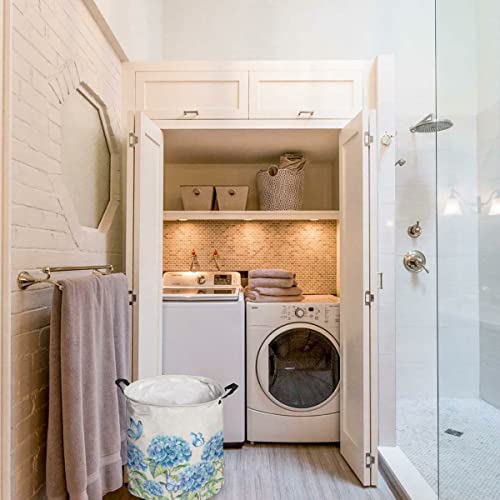 Collapsible Laundry Basket - 16.5 X 17 In Floral Storage Bin Laundry Hamper With Handles, Blue Hydrangea Flower Spring Plant Butterfly Burlap Waterproof Clothes Baskets For Bedroom/Kids Room #TOP2