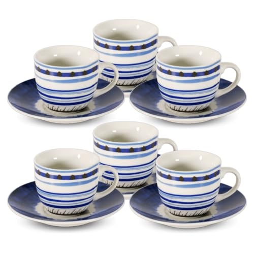 ARCA, Set 6 Tazzine da Caffè Apulia I con Piattino, Realizzate in Porcellana Decorata, Capacità 90 ml, 11x6 cm, Blu