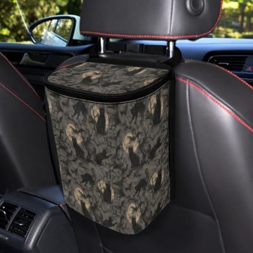 Image of Talayituse Black Cat Moon Bat Print Car Trash Can with Lid, Leak Proof Auto Trash Bag Hanging Vehicle Garbage Can Multipurpose Storage Container for Back Seat Road Trip Halloween Decor