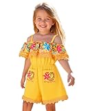 HINTINA 5T Toddler Little Girl Embroidery Mexican Jumpsuit Size 5/6 Ethnic Wear Off Shoulder Romper 5 Years Old Traditional Mexico Themed Clothes Cinco De Mayo Fiesta Outfits Yellow