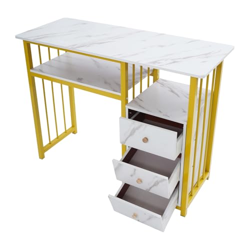 MEHOOSPVN Mesa de manicura con 3 cajones, escritorio de manicura, textura de mármol, mesa de manicura, escritorio de hasta 30 kg, para salas de estar, oficinas, salones de belleza para mesa de salón